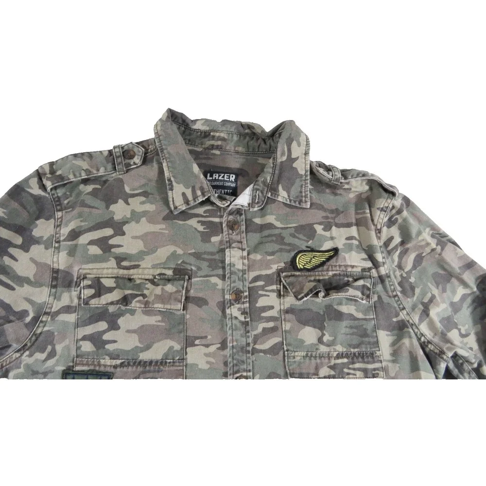 Lazer Men L Camo Military Utility Shirt Jacket Embroidered Wings Patch Shacket